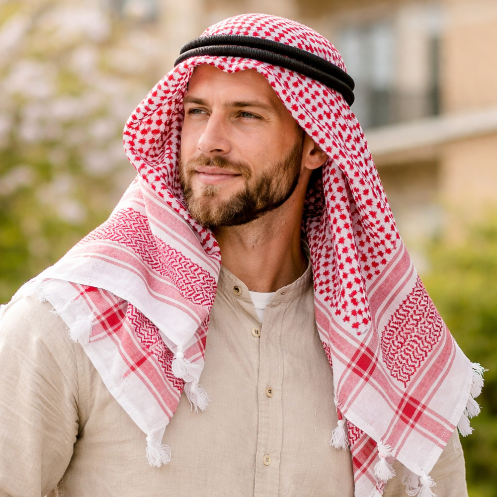 Premium Men’s Arab Shemagh Kaffiyeh - Classic Red & White