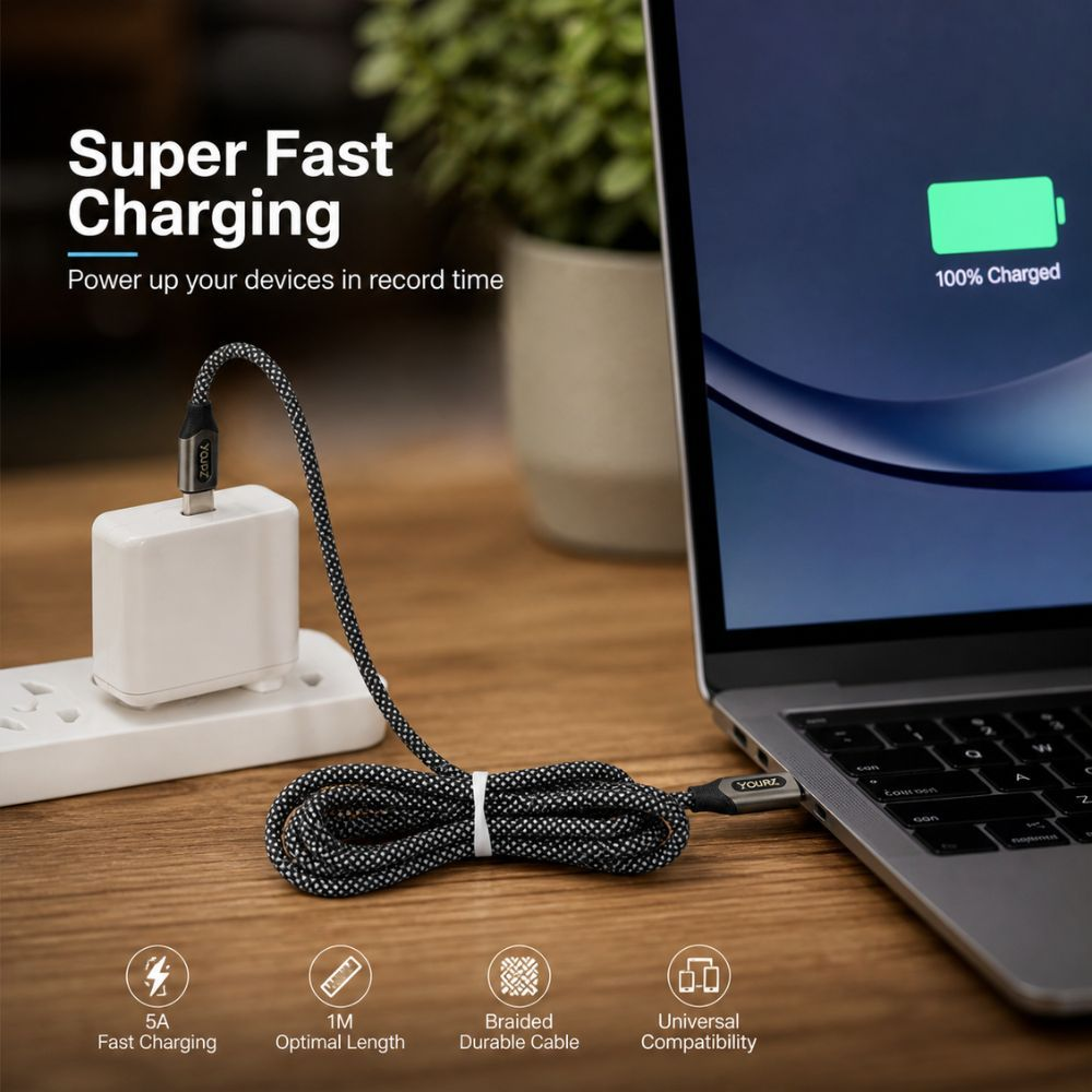 Yourz 100W 5A Usb - C To Usb - C Braided Fast Charging Cable – Black (1M)