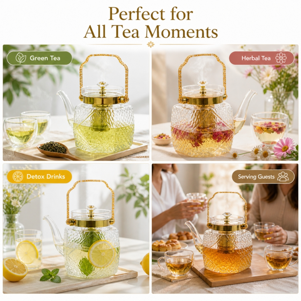 Luxury Heat Resistant Borosilicate Glass Teapot With Golden Handle Infuser 1000Ml