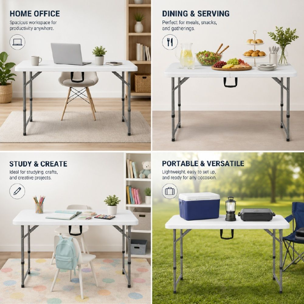 Fluid Portable Folding Table With Height-Adjustable Legs – 74 X 122 X 60 Cm