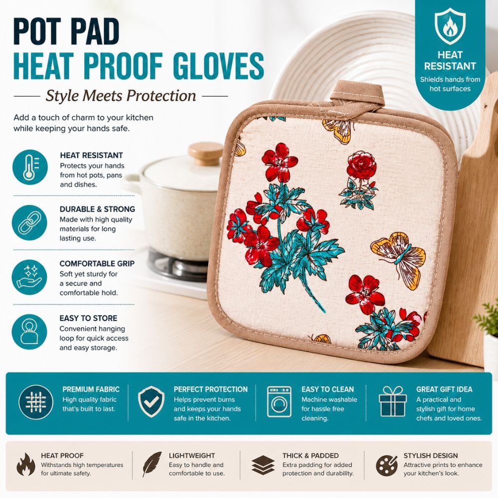 Premium Heat Resistant Kitchen Pot Pad With Floral Print And Hanging Loop