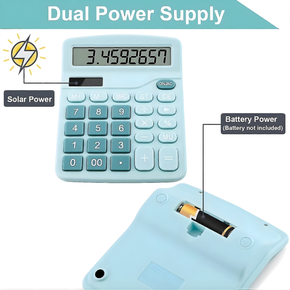 Premium 12-Digit Desktop Calculator - Dual Power (Solar & Battery) - Ergonomic Design - Mint Blue