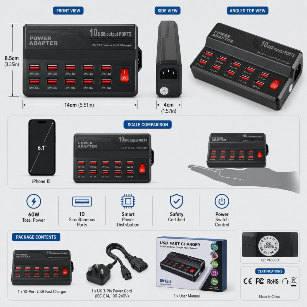 10 Port Usb Fast Charger Station Smart Power Adapter Hub For Multiple Devices
