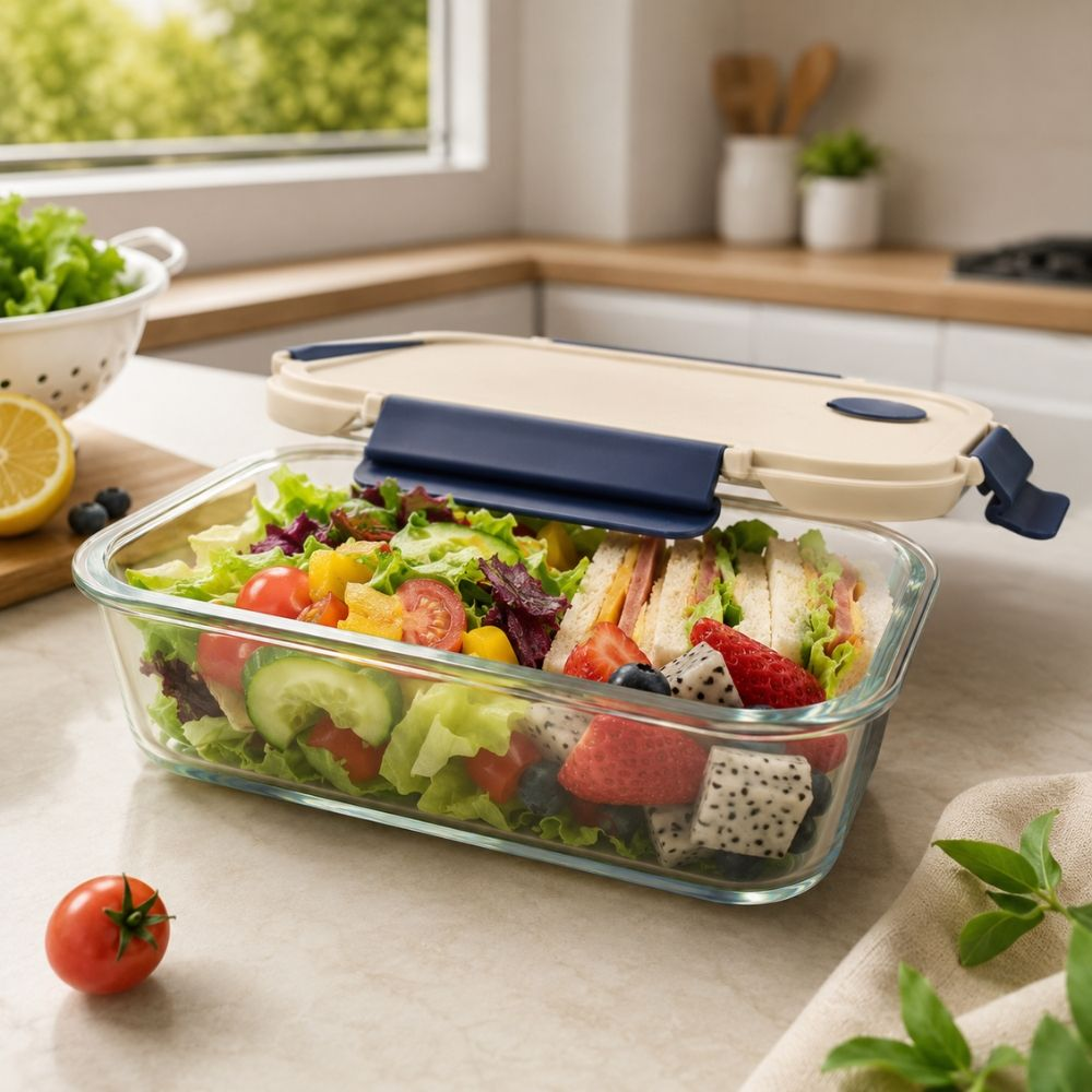 Utilitarian Airtight Glass Food Container With 4-Side Locking Lid – Leak-Proof – Transparent (14.5X19.5X7Cm)