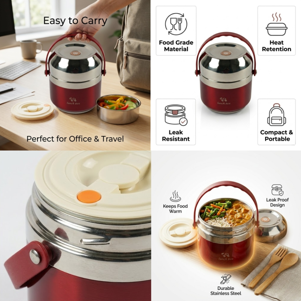 Stainless Steel Thermal Lunch Box – Insulated Food Container with Inner Bowl (16cm x 15cm)