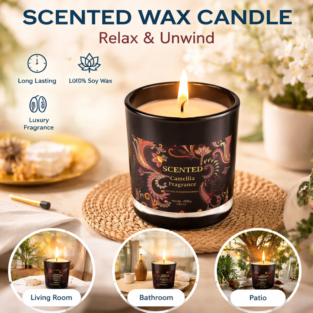Smokeless Luxury Camellia Scented Soy Wax Aromatherapy Candles (Burn Time- 45+ Hours)