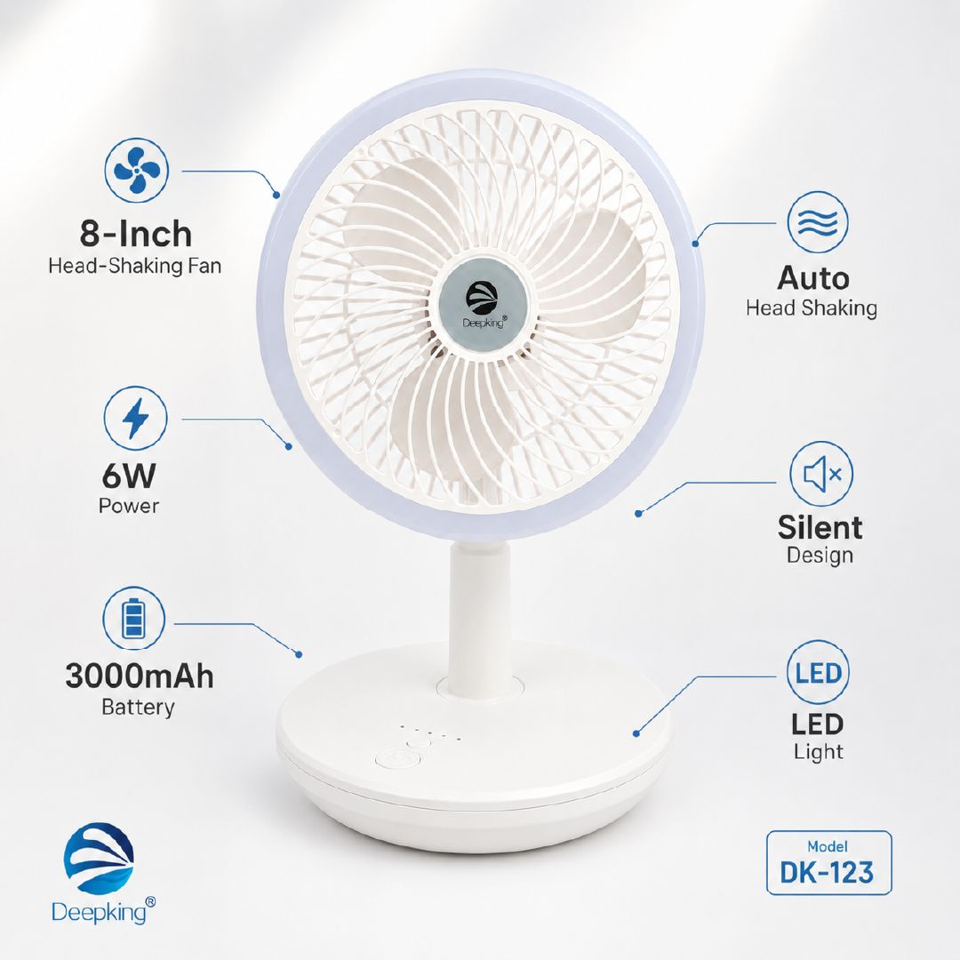 Vitalizing Deepking Dk-123 Rechargeable Table Fan With A Built-In Led .; 18 X 30 Cm; Indigo