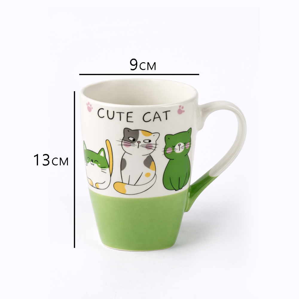 Premium Cute Cat Printed Ceramic Coffee Mug 9cm x 13cm – Green Cartoon Tea Cup for Kids & Cat Lovers