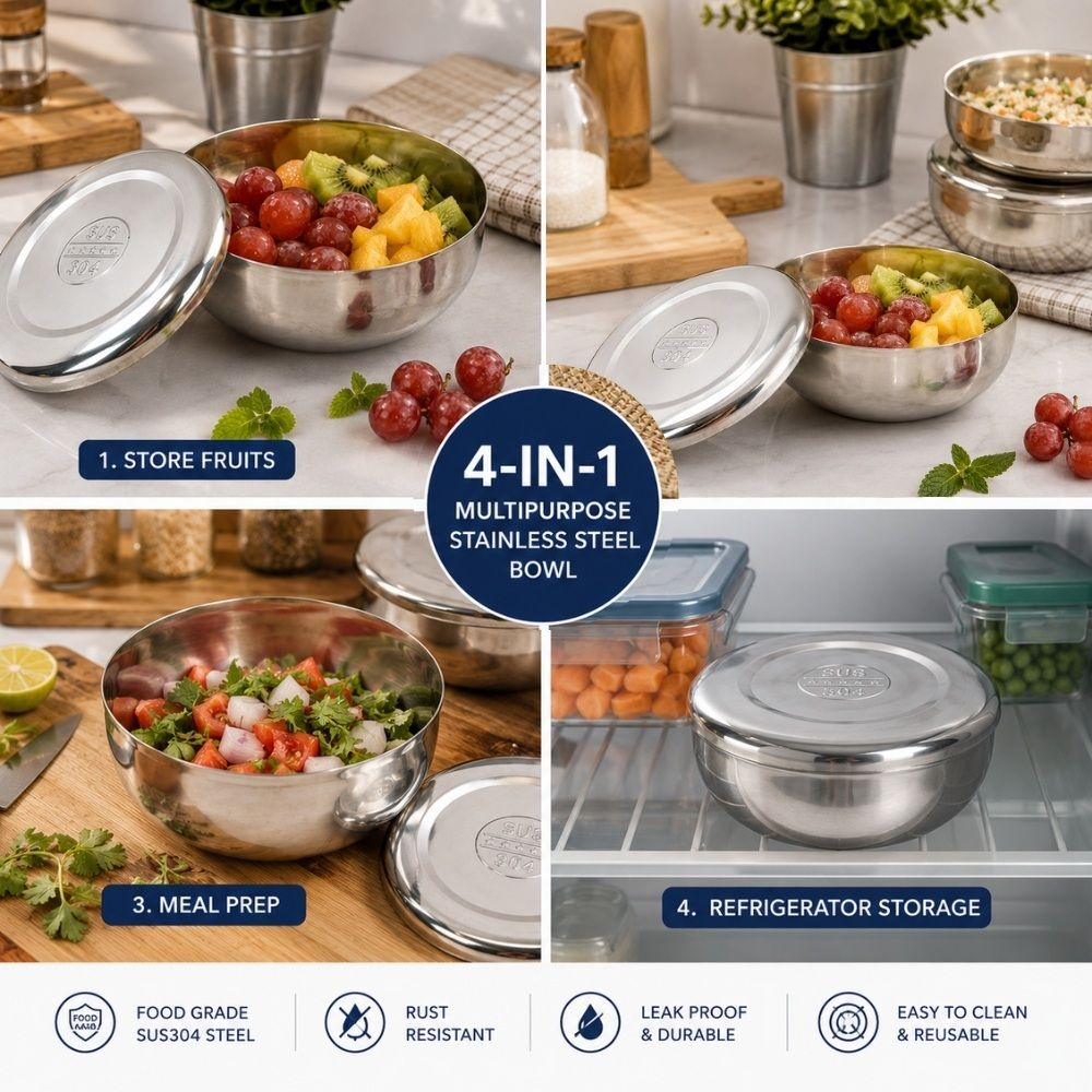 Premium Stainless Steel Food Storage Bowl With Lid – Mirror (12x5cm)
