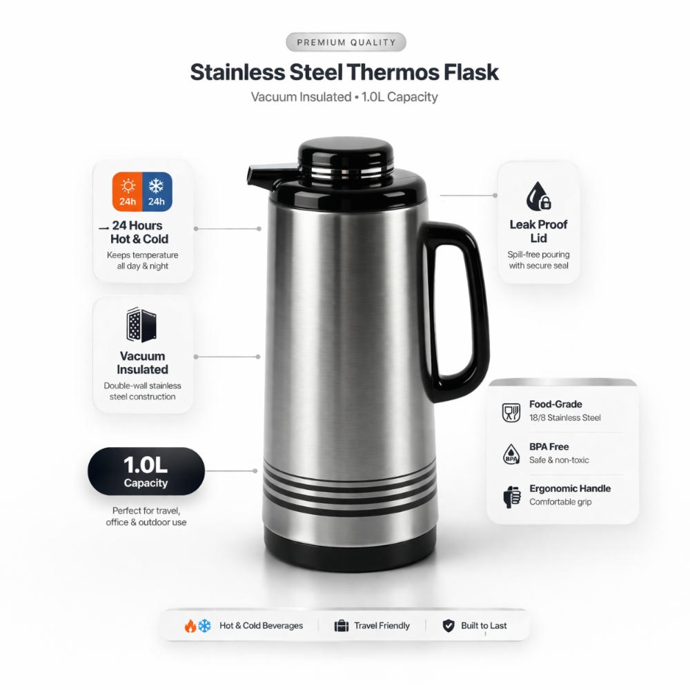 Premium Silver Vacuum Flask 1.5L – 24 Hour Hot & Cold Retention Thermos, Height 33cm, Sleek Modern Design with Black Handle