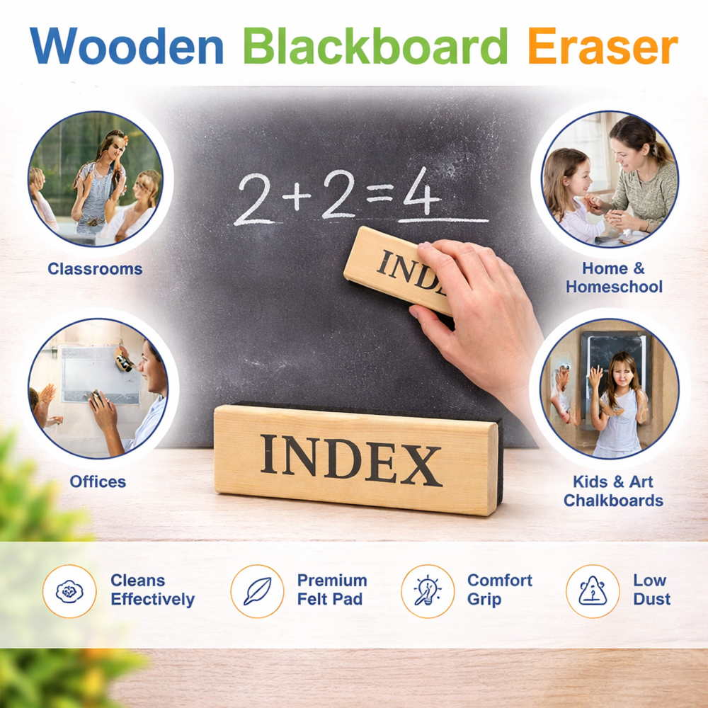 INDEX Premium Wooden Blackboard Eraser – Durable Felt Chalkboard Cleaner