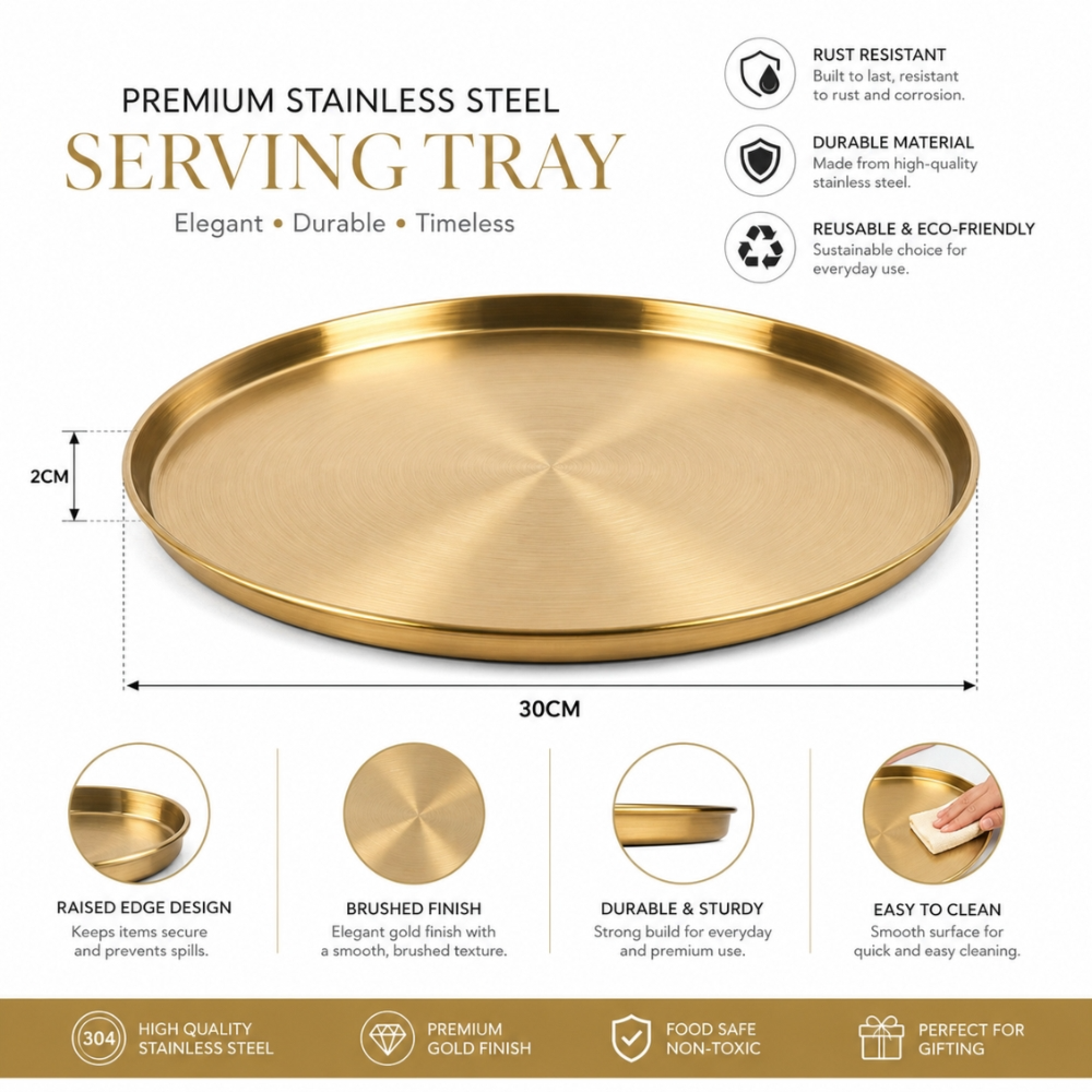 Vintage -finished Round Stainless Steel Serving Tray – Brushed Texture Raised Edges (30x2cm)