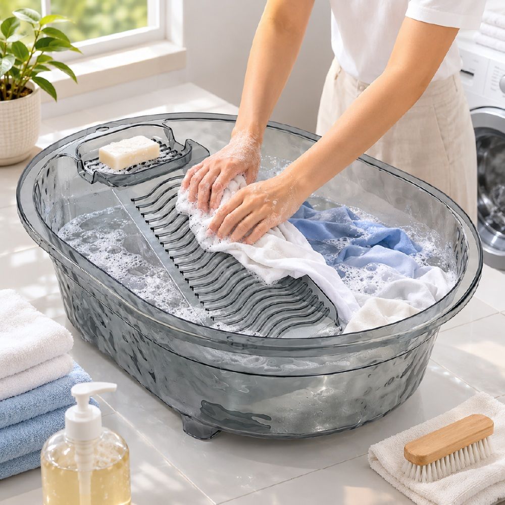 Pragmatic Translucent Plastic Washboard Basin Designed For Hand-Washing Delicate Items