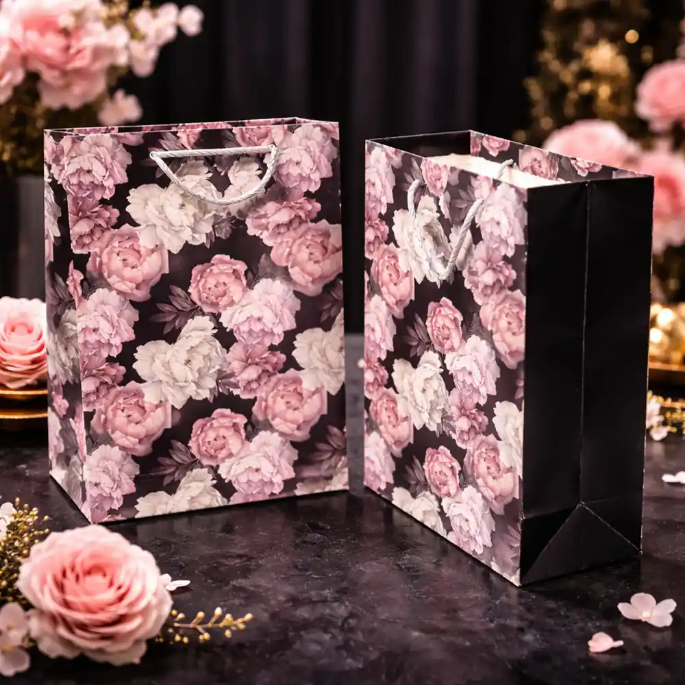 Elegant Floral Paper Gift Bag – Black, White & Pink (32Cm)