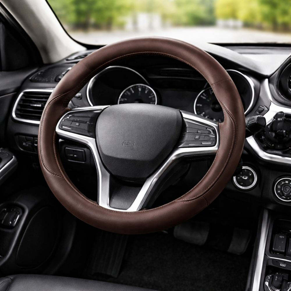 Premium Brown Leather Car Steering Wheel Cover – 38cm Universal Anti-Slip Breathable Comfort Grip Protector