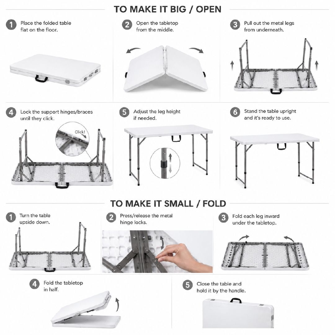 Fluid Portable Folding Table With Height-Adjustable Legs – 74 X 122 X 60 Cm