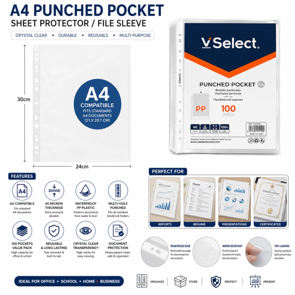 ransparent Punched Pocket 100PCS – A4 Size Clear Document Protector Sleeves (24cm x 30cm) for Office, School & File Organizer