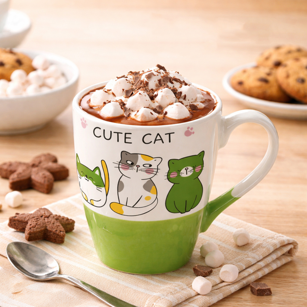 Premium Cute Cat Printed Ceramic Coffee Mug 9cm x 13cm – Green Cartoon Tea Cup for Kids & Cat Lovers