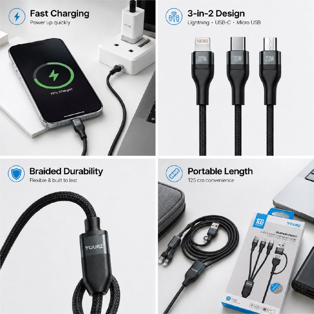 Energetic Yourz 3-In-2 Fast Charging Cable With Multi-Connector Design – 125 Cm