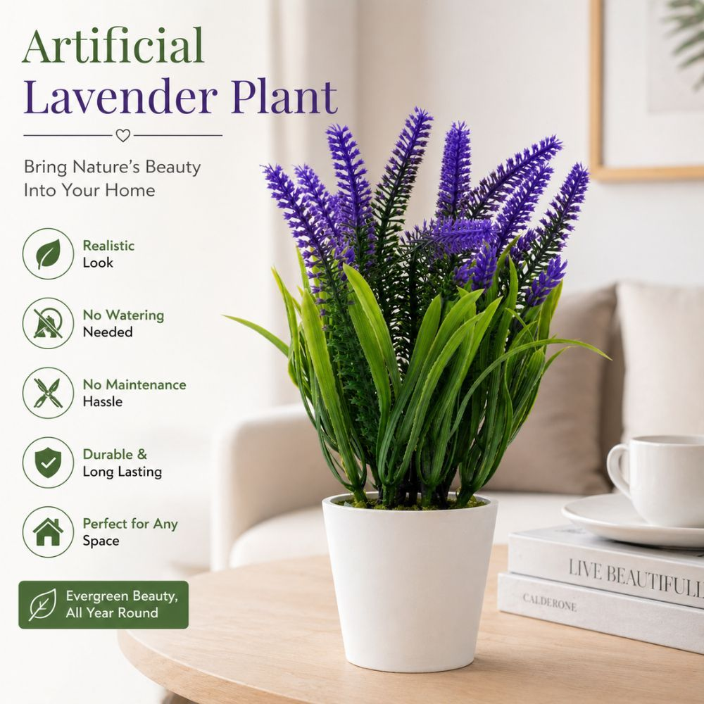 Premium Realistic Artificial Lavender Plant In White Modern Pot