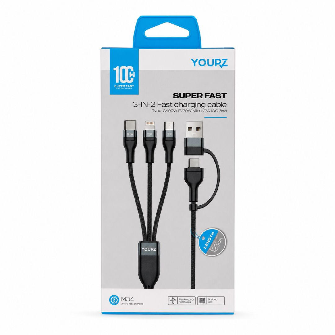 Energetic Yourz 3-In-2 Fast Charging Cable With Multi-Connector Design – 125 Cm