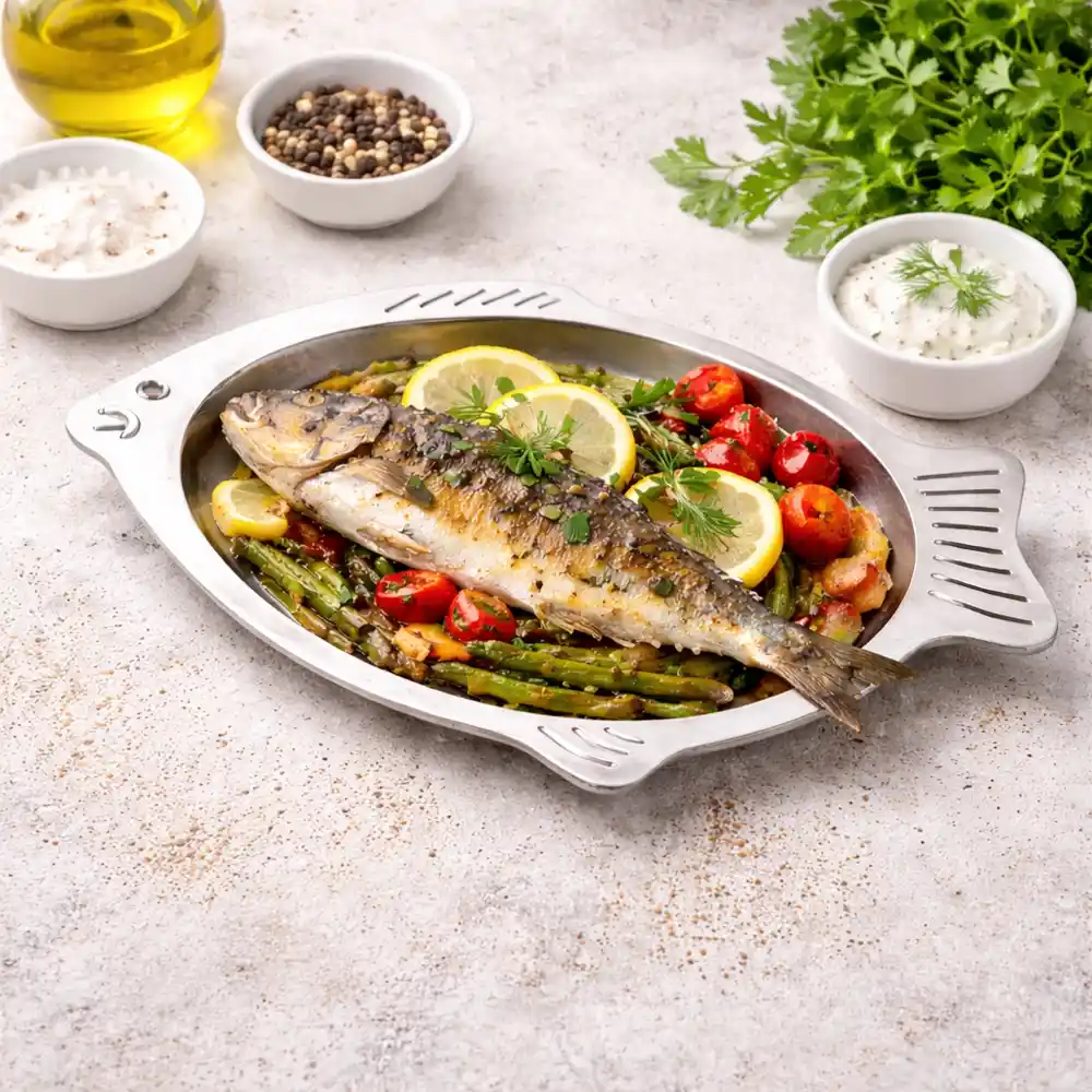 Premium Fish Shaped Stainless Steel Serving Tray – Decorative Kitchen & Dining Food Serving Platter (47×30×3.5cm)