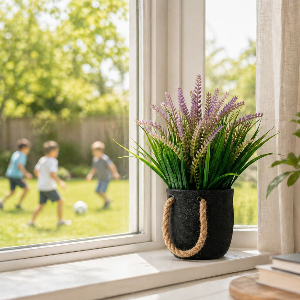 Realistic Artificial Lavender Plant In Hanging Jute Rope Pot For Home Decor