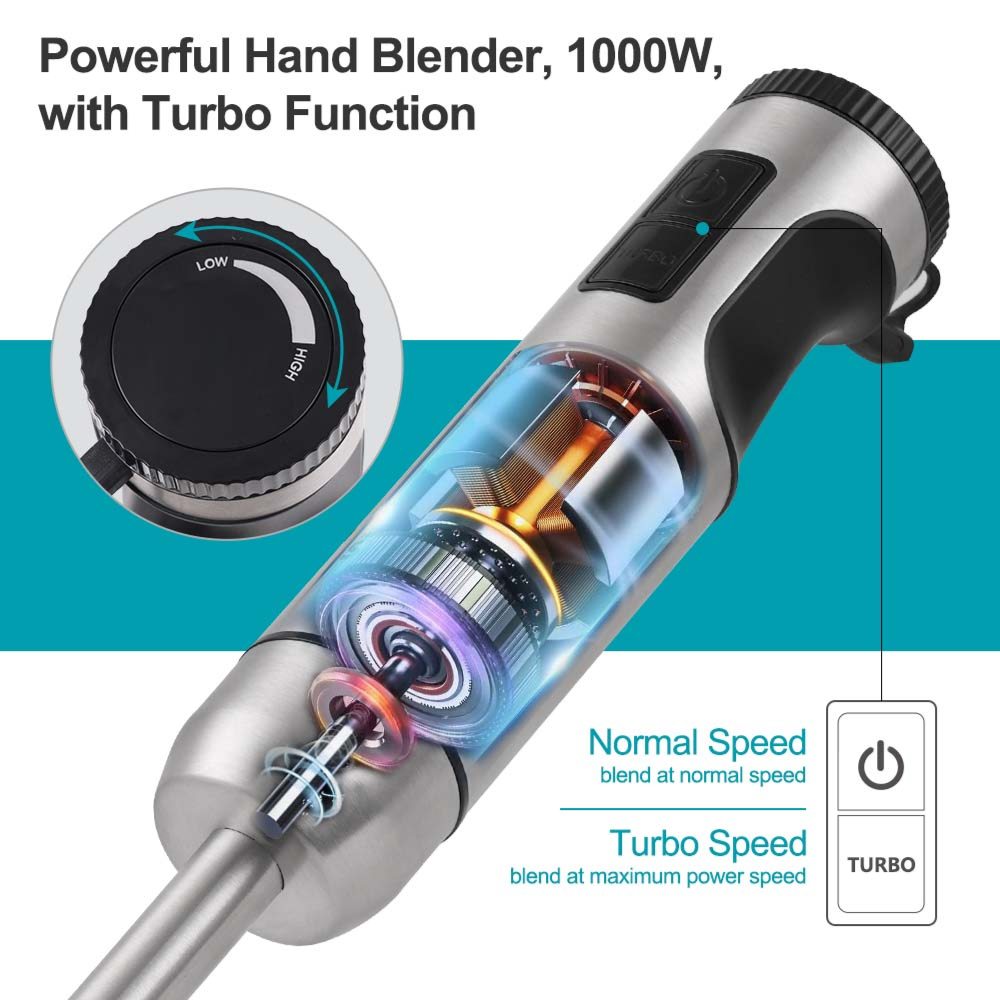 WINNING STAR ST-6550 1000W Upgraded 4 Titanium Enhanced Blade Kitchen Stainless Steel Hand Mixer Electric Hand Blender