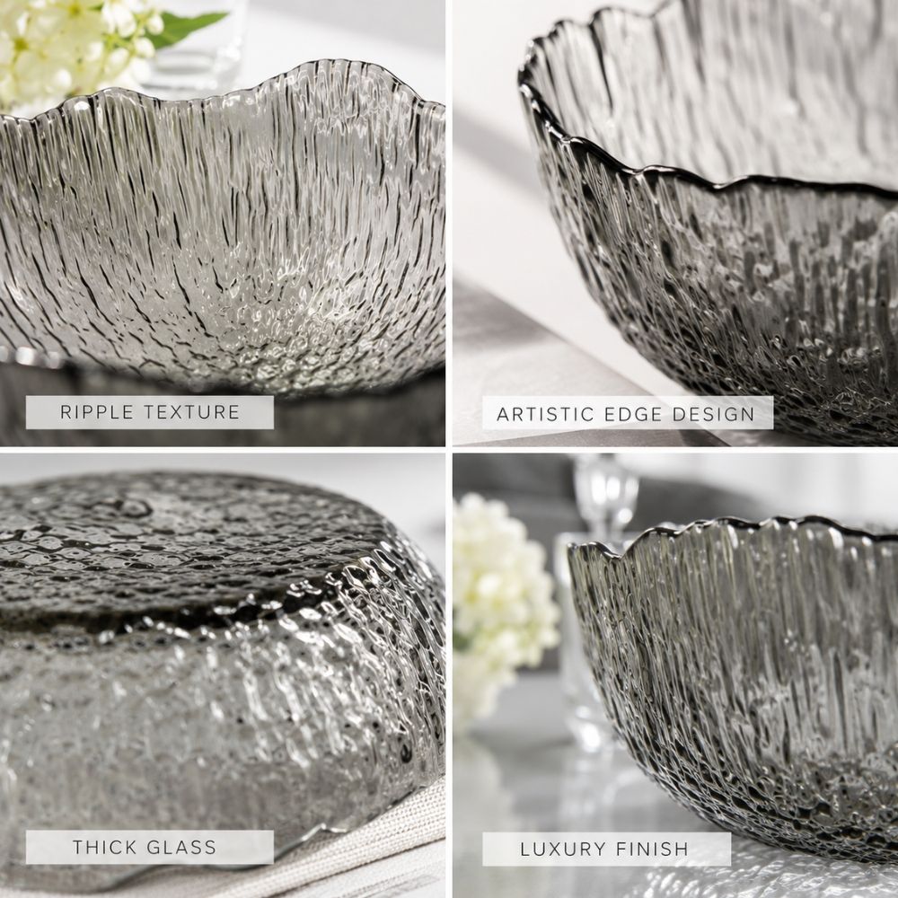 Elegant Premium Glass Serving Bowls With Textured Design And Wave Edges – (3Pcs)