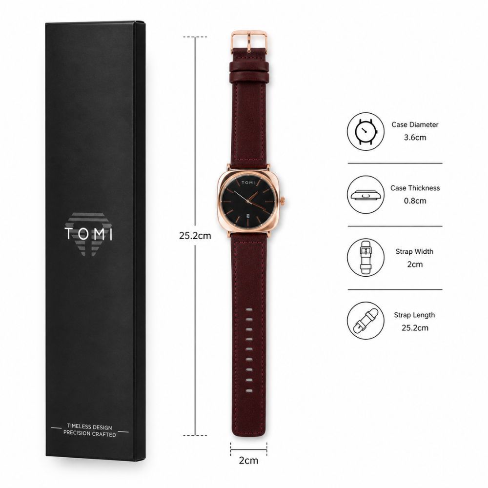 Tomi Luxury Minimalist Square Dial Leather Strap Men Watch
