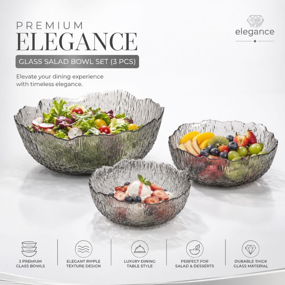 Elegant Premium Glass Serving Bowls With Textured Design And Wave Edges – (3Pcs)