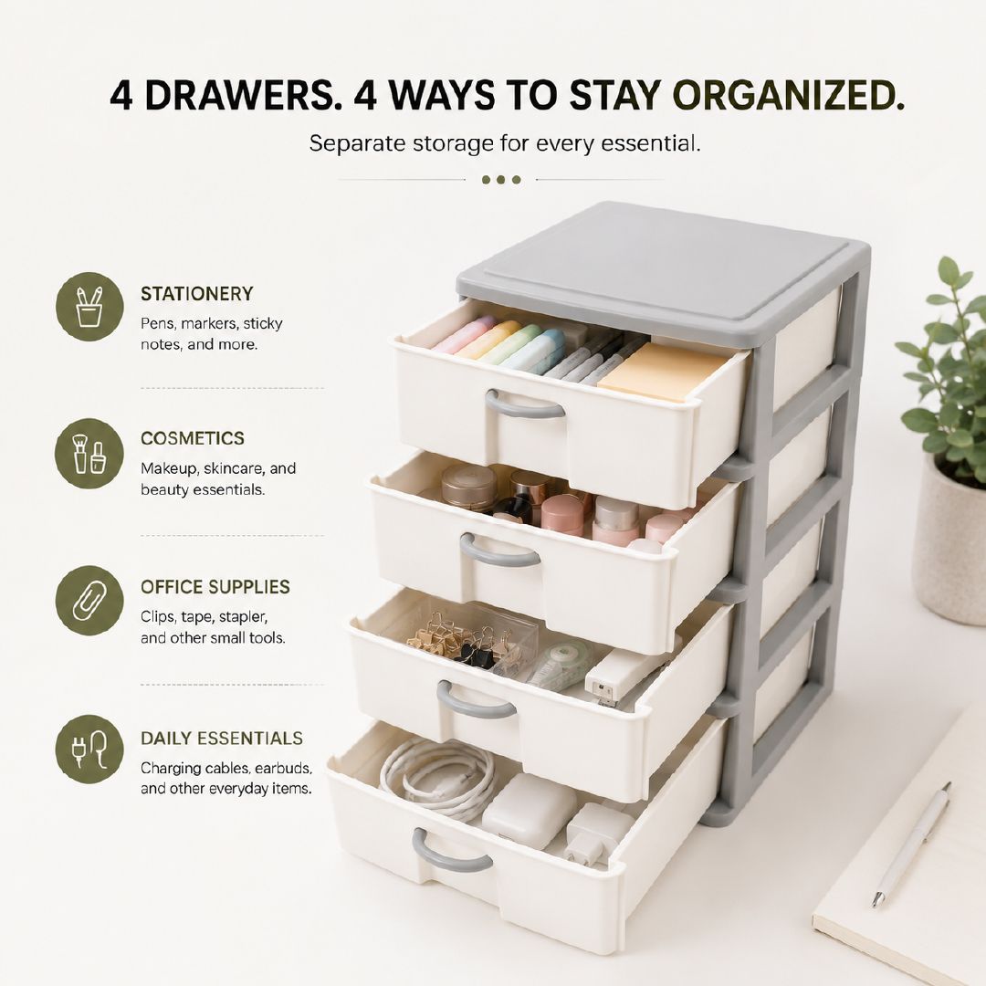 Robust Polypropylene 4-Tier Drawer Storage Cabinet – 42 X 24 Cm – Off