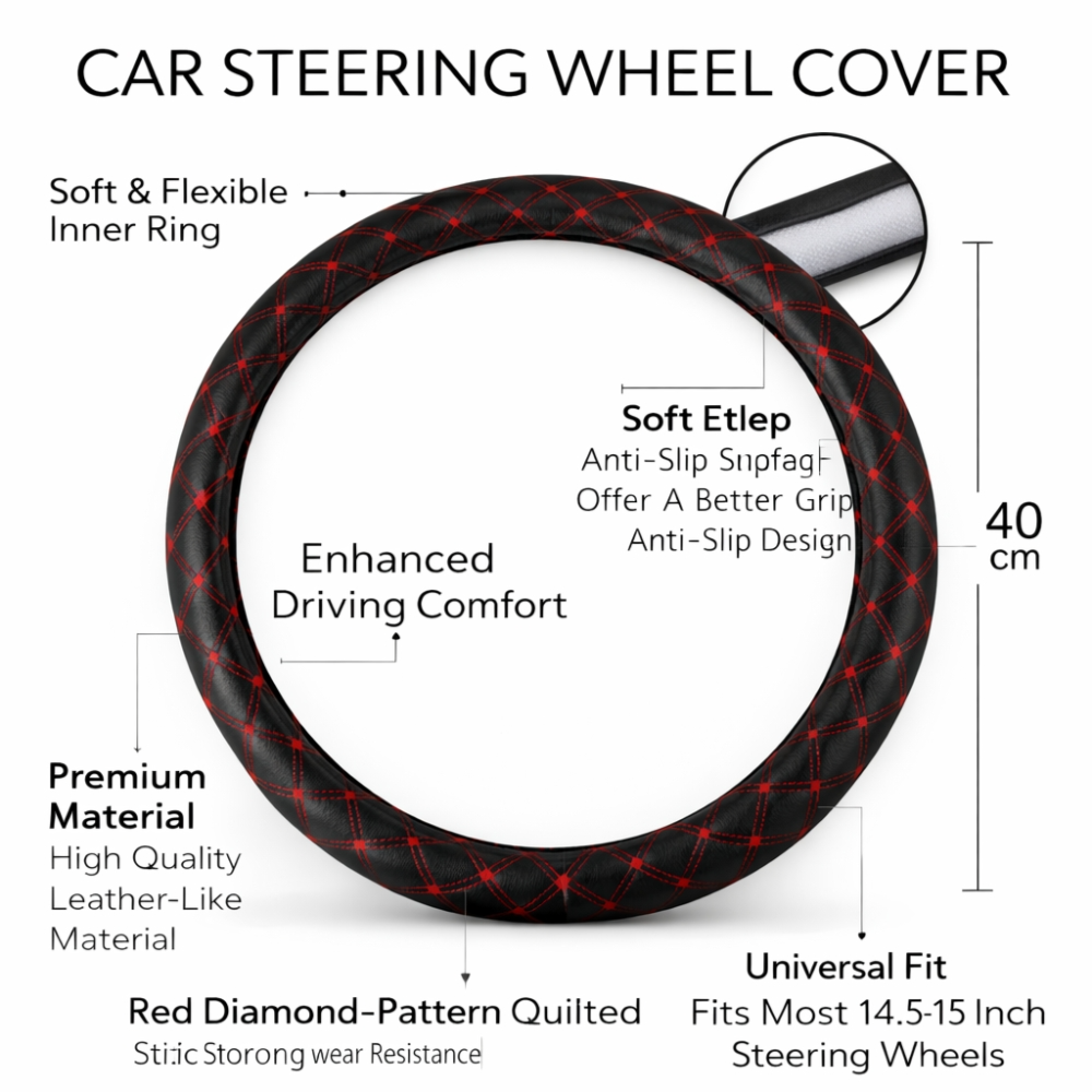 Premium Leather-Like Car Steering Wheel Cover – 38cm Universal Fit Anti-Slip Red Diamond Quilted Design