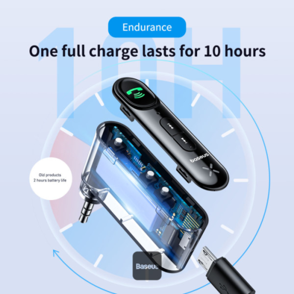 Baseus BSBA-02 Aux Bluetooth Audio Receiver For Cars - Wireless Music Streaming, Hands-Free Calls, 10H Play Time, aptX LL, BT 5.0 - Black