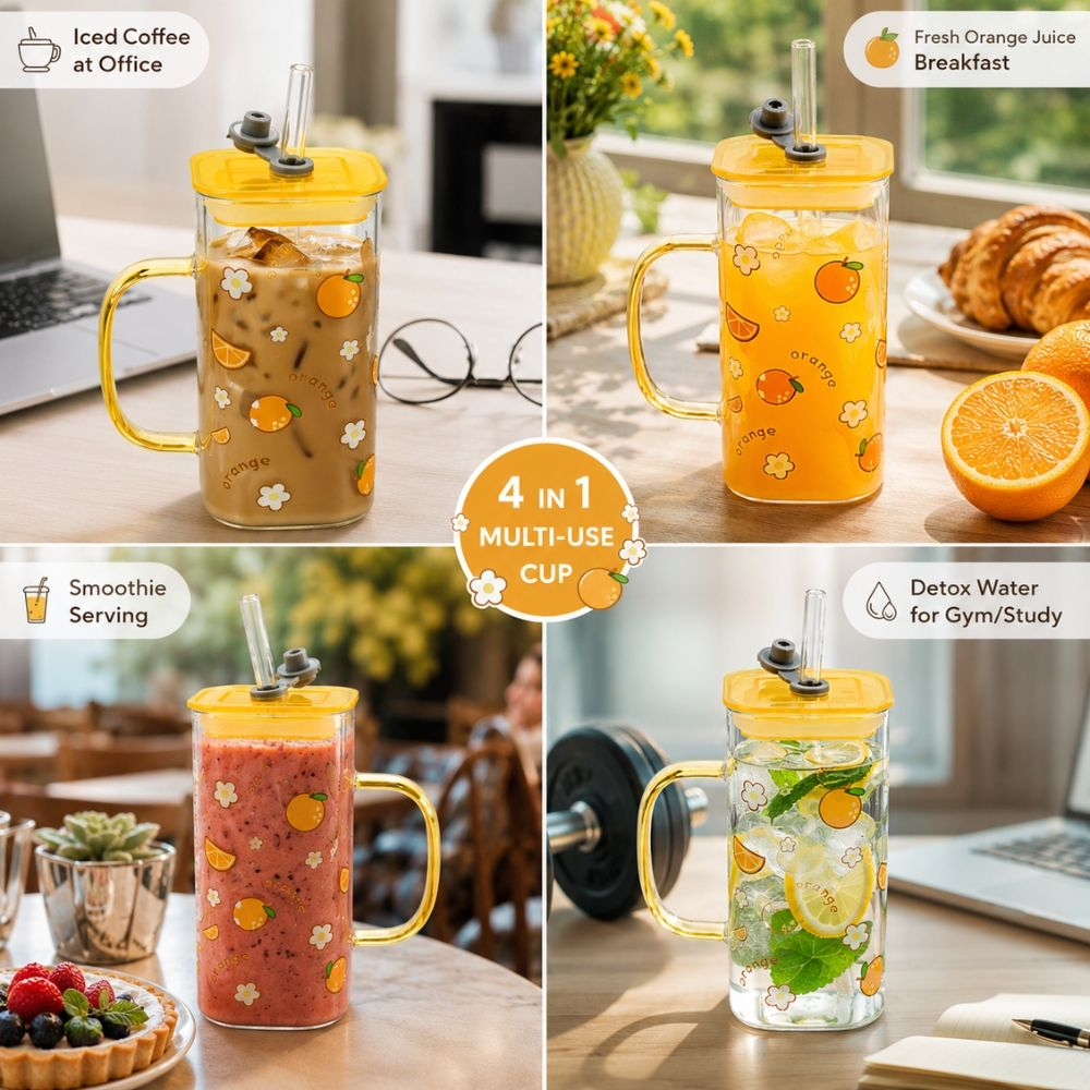 Dynamic Square Glass Mug With Cute Print, Lid Straw – Transparent (14X6Cm)