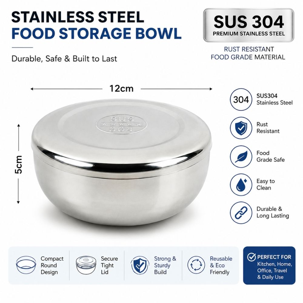 Premium Stainless Steel Food Storage Bowl With Lid – Mirror (12x5cm)