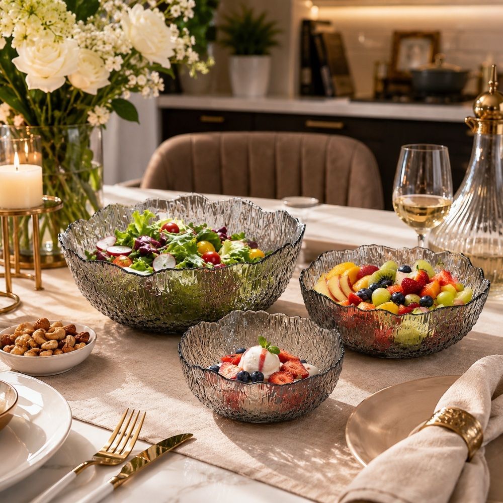 Elegant Premium Glass Serving Bowls With Textured Design And Wave Edges – (3Pcs)