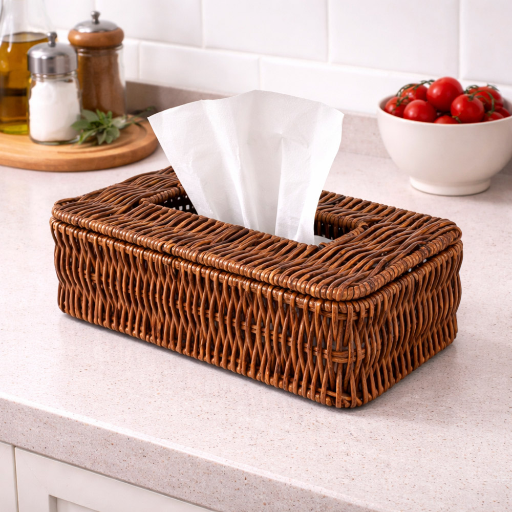 Decorative Woven Rattan Rectangular Tissue Box Holder (25x13CM)