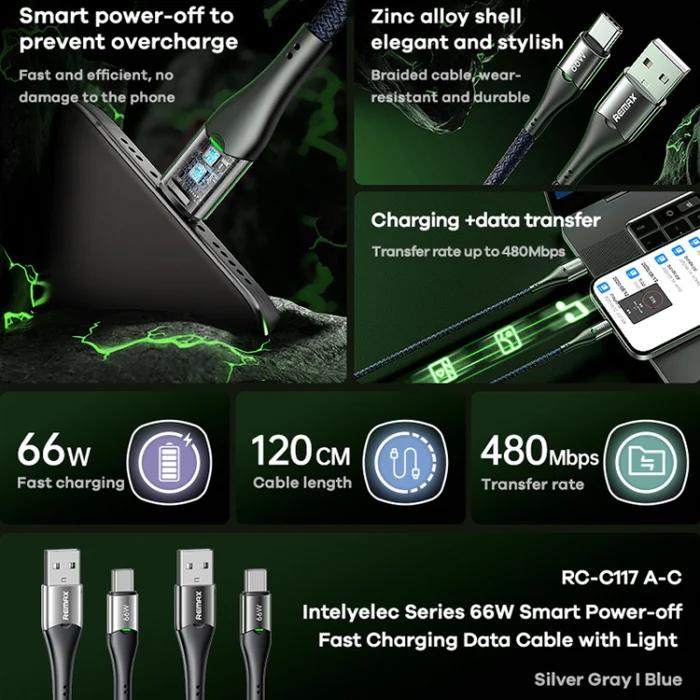 REMAX RC-C117 1.2m 66W USB to Type-C Smart Power-off Fast Charging Data Cable(Dark Blue)