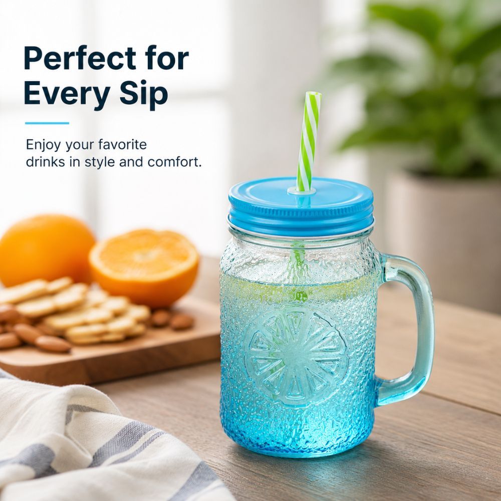 Premium Glass Jar With Reusable Straw And Secure Screw Lid For Refreshing Beverages