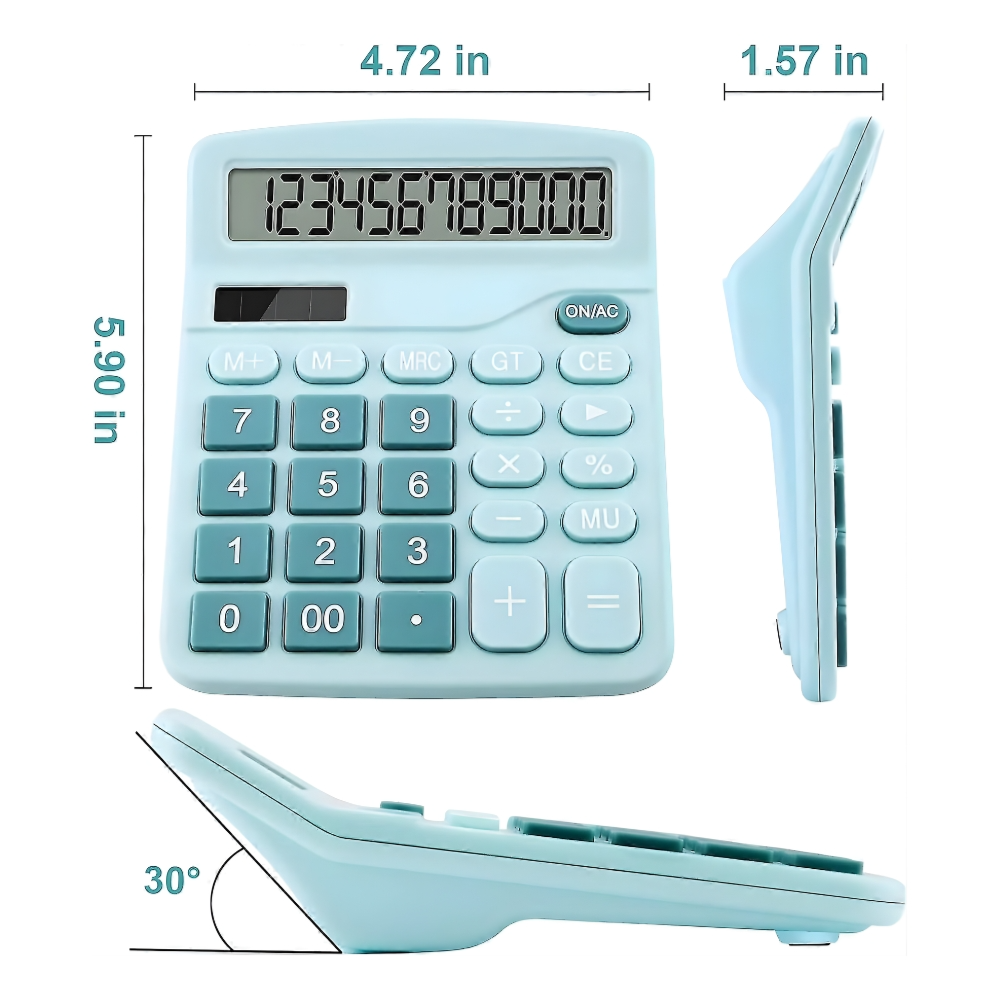 Premium 12-Digit Desktop Calculator - Dual Power (Solar & Battery) - Ergonomic Design - Mint Blue