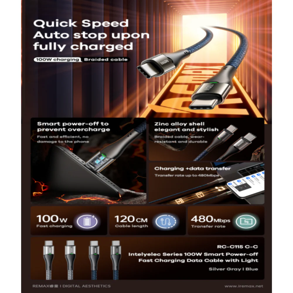 REMAX - RC-C115 C-C IntelyeleC Series Type-C to Type-C Fast Charging Auto Power Off Charging Data Cable (100W) - Silver