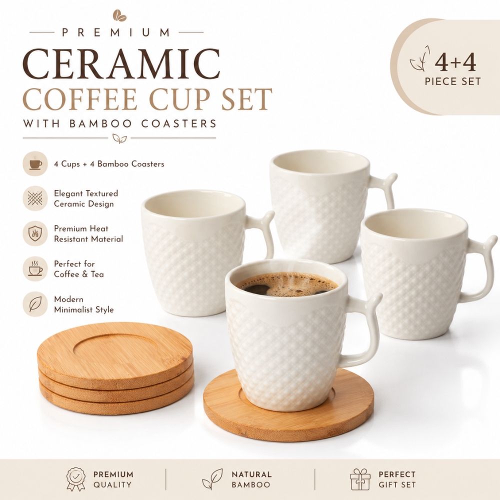 Minimalist Embossed Ceramic Mugs And Bamboo Coasters Set – (12Pcs)