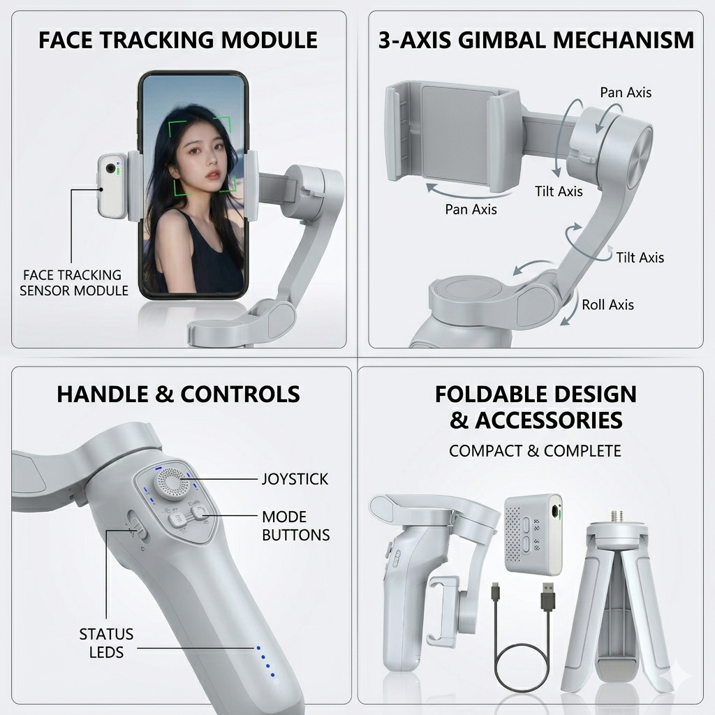 L7c Pro Plus 3 Axis Foldable Smartphone Gimbal With Face Tracking Sensor And Tripod Stand