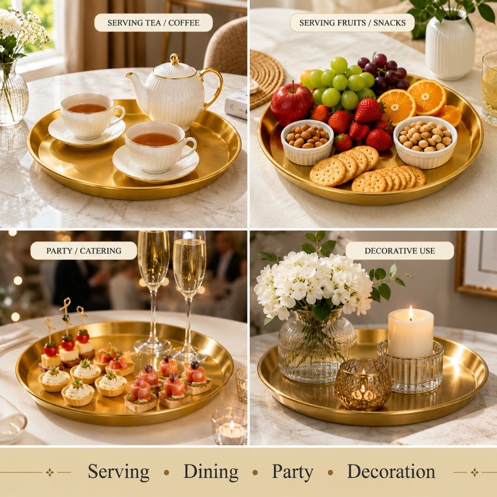 Premium Gold Stainless Steel Luxury Round Serving Tray Home Decor Dining Accessory