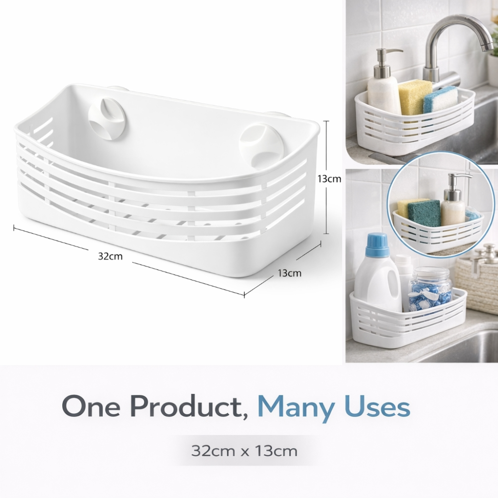Wall-Mounted Bathroom Bracket 32cm – White Plastic Shower Shelf Organizer, 13cm Depth, Soap Shampoo Storage Rack, Drill-Free Installation