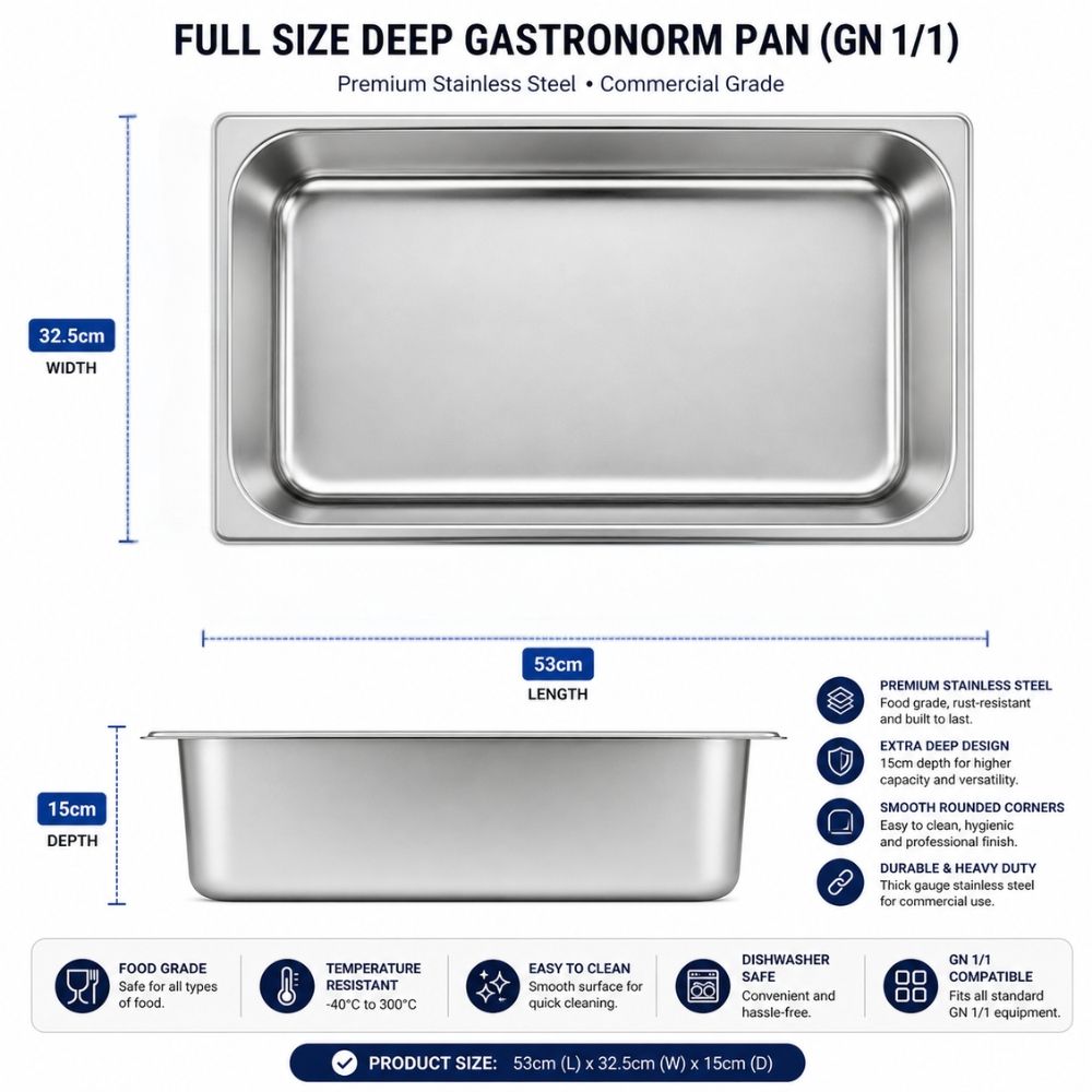 Professional Grade Commercial Stainless Steel Deep Hotel Pan Gastronorm Gn 1 / 1 Food Container