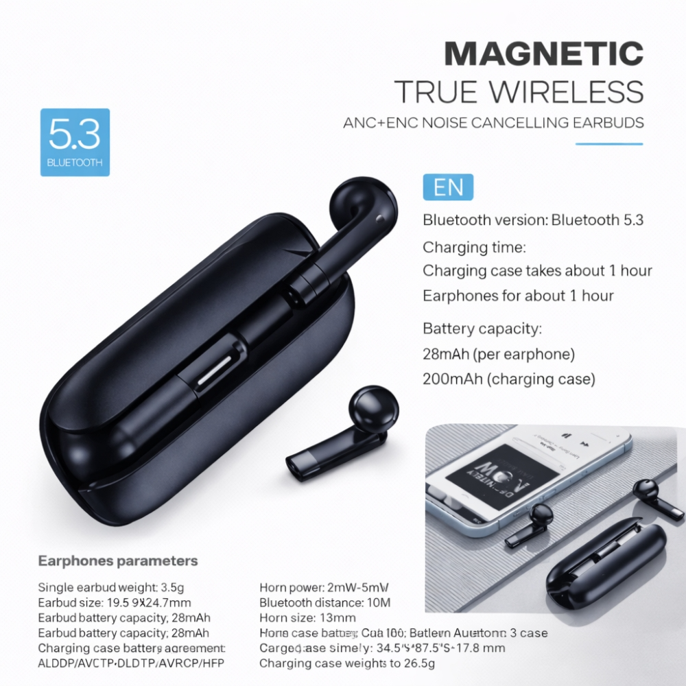 YOURZ Magnetic TWS Noise Cancelling Earbuds 7-Hour playtime