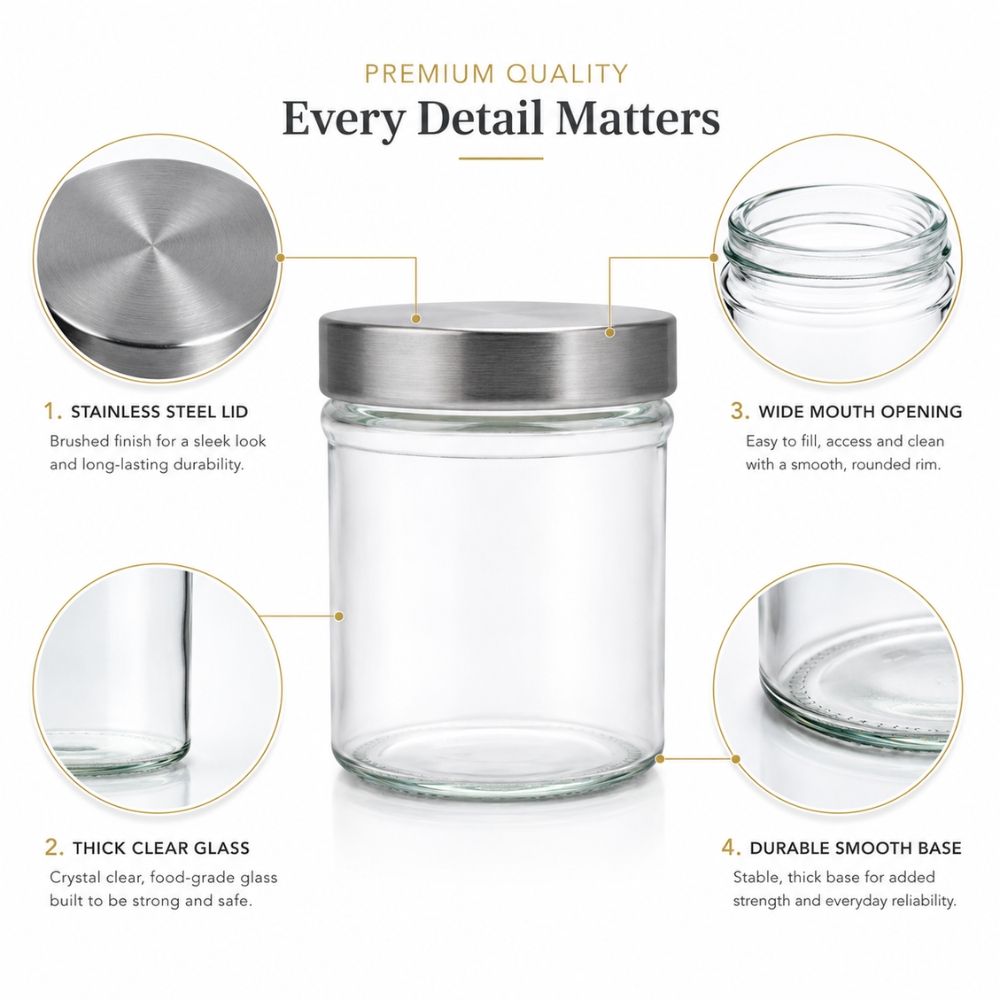 Premium Glass Storage Jar With Stainless Steel Lid Wide Mouth - 10X8.5Cm Transparent