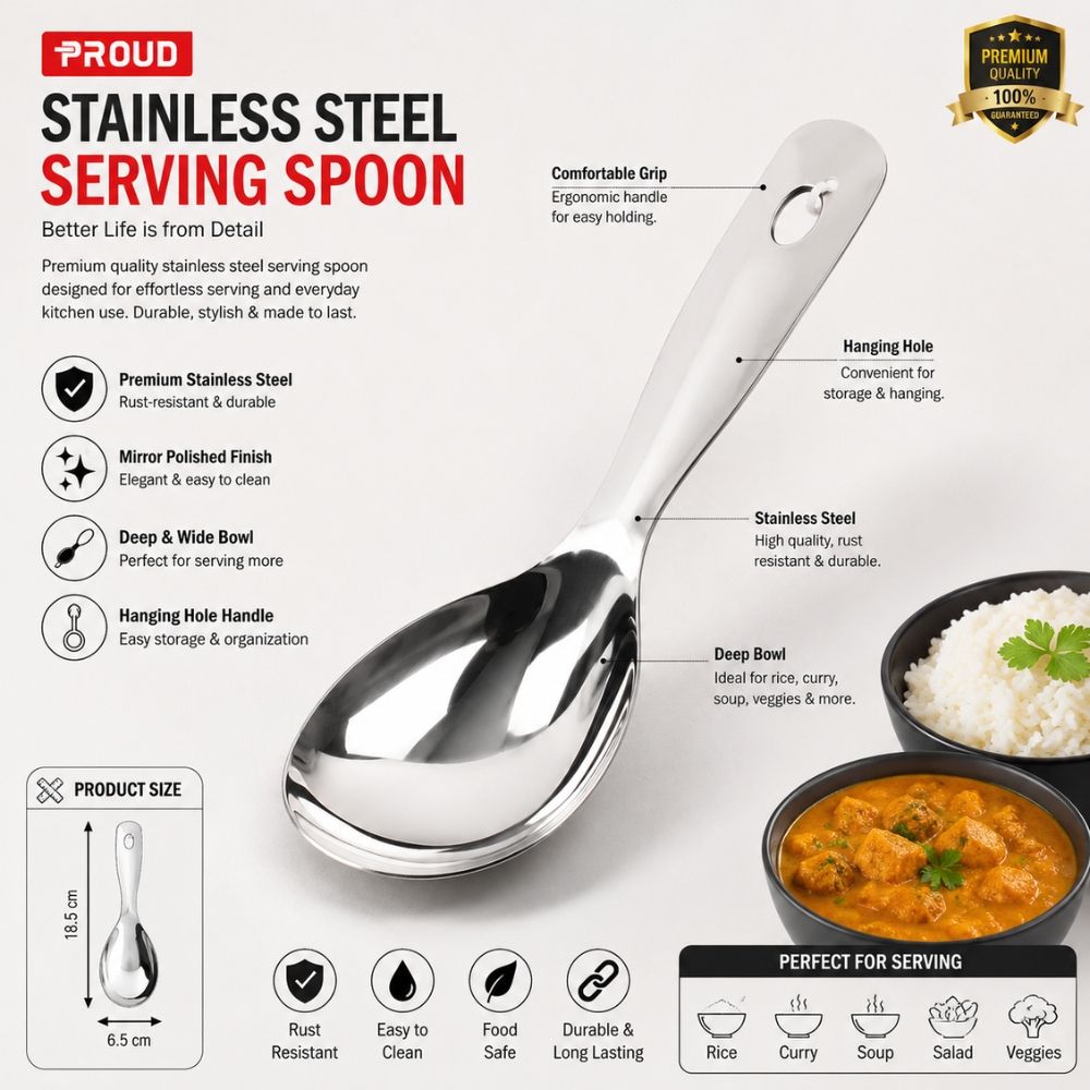 Utilitarian Stainless Steel Serving Spoon Featuring A Mirror Polished Finish And An Ergonomic Handle – (18.5 X 6.5Cm)